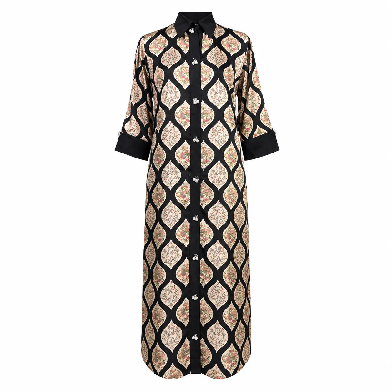 Women's Black and Beige Geometric Print Long Shirt with Contrast Cuffs
